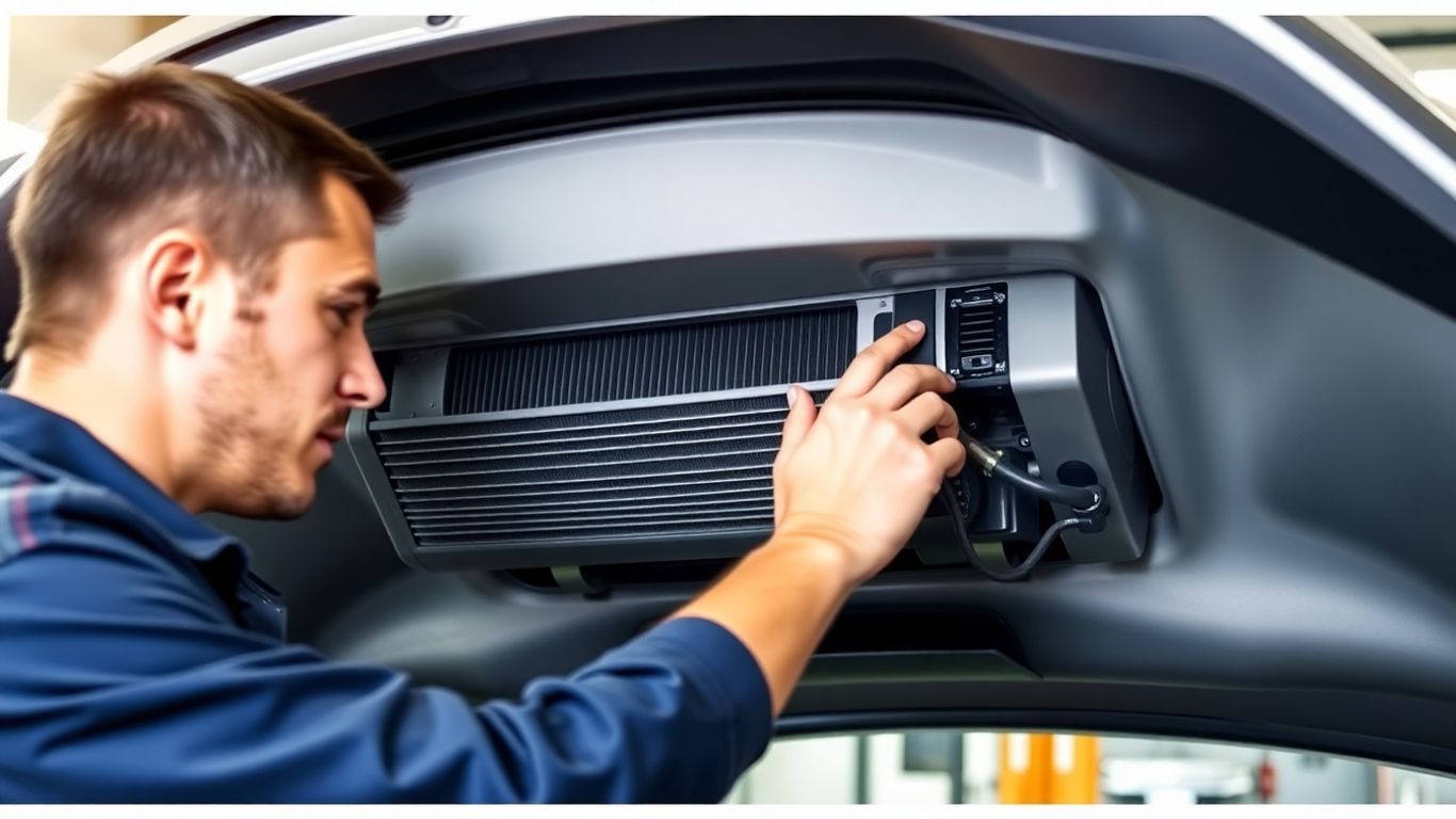 Mecânico consertando ar-condicionado de carro em oficina.