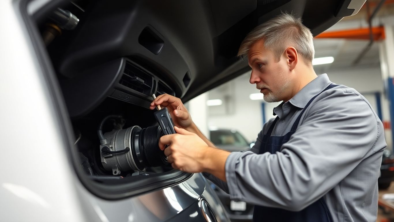Mecânico consertando ar-condicionado de carro em oficina.